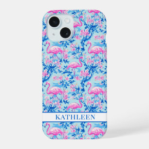 Flamingos with Pink Flowers Monogrammed iPhone 15 Case