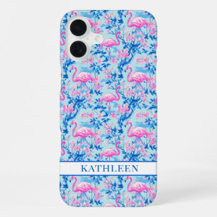 Flamingos with Pink Flowers Monogrammed iPhone 16 Plus Case