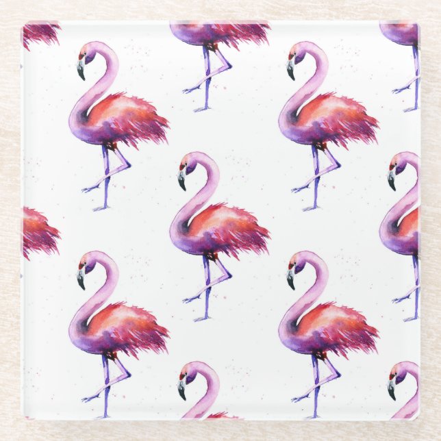 Flamingos with splashes: watercolor pattern. glass coaster (Front)