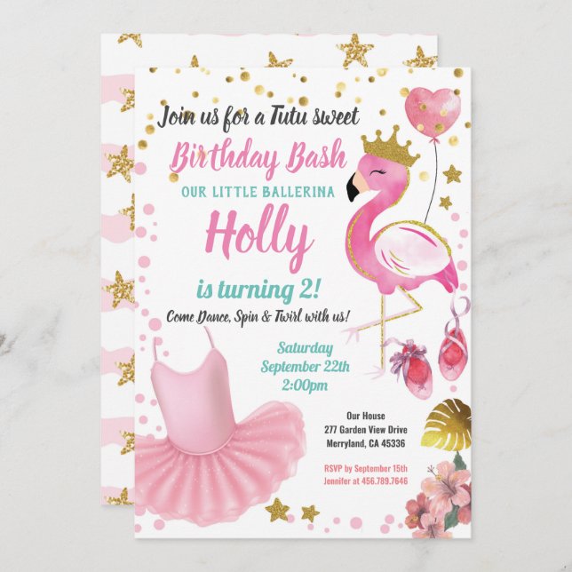 FlamingoTutu Ballerina Girl Birthday Party Invitation (Front/Back)