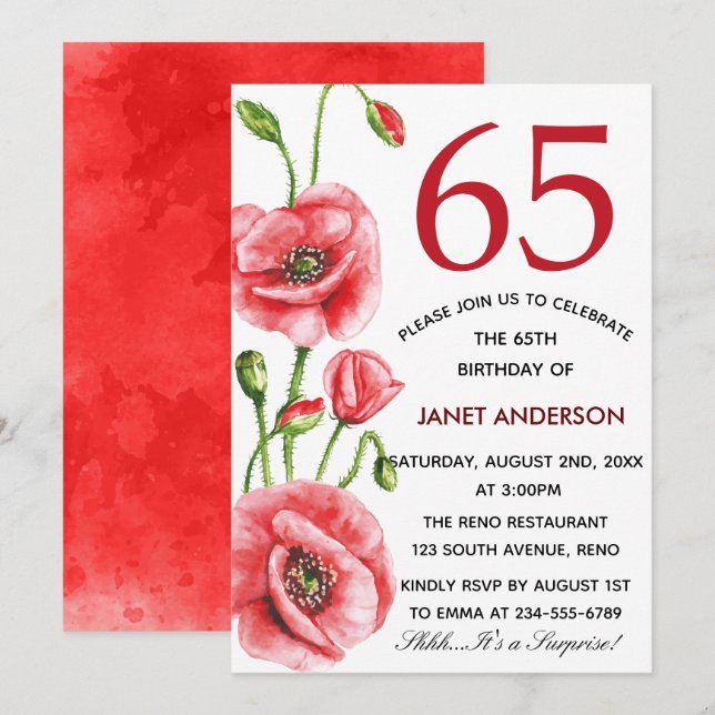 Flanders Poppy Watercolor 65th Birthday Party Invitation (Front/Back)