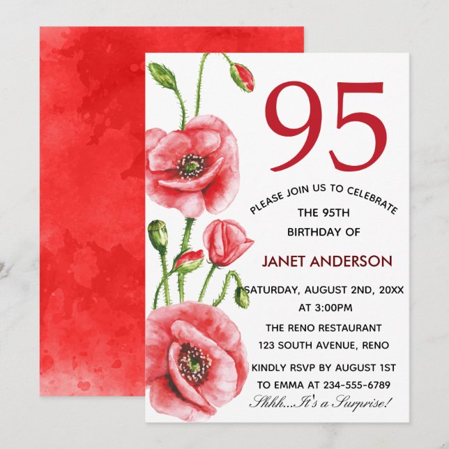 Flanders Poppy Watercolor 95th Birthday Party Invitation (Front/Back)