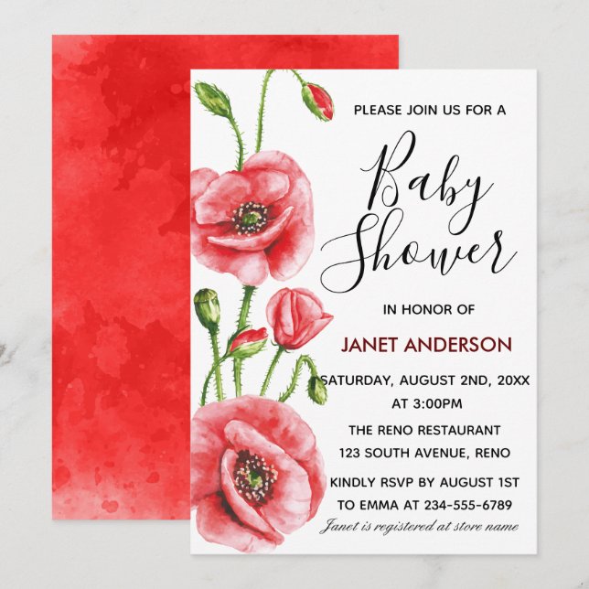 Flanders Poppy Watercolor Baby Shower Invitation (Front/Back)