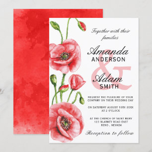 Flanders Poppy Watercolor Typography Wedding Invitation