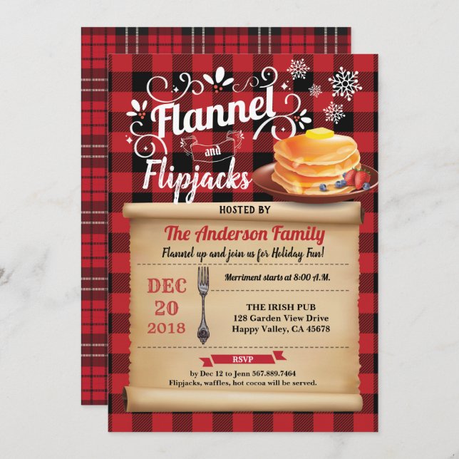 Flannel and flipjacks pajama and pancake party invitation (Front/Back)