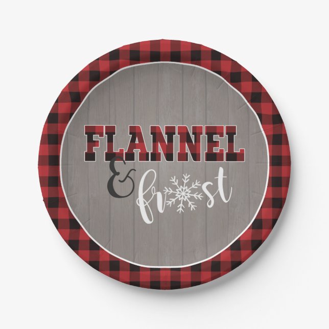 Flannel and Frost Paper Plate - Red - Gray Wood (Front)