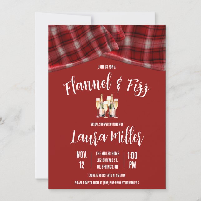 Flannel & Fizz, Plaid, Champagne Bridal Shower Invitation (Front)