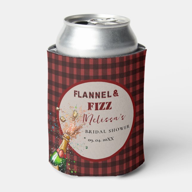 Flannel & fizz winter red &  black bridal shower can cooler (Can Front)