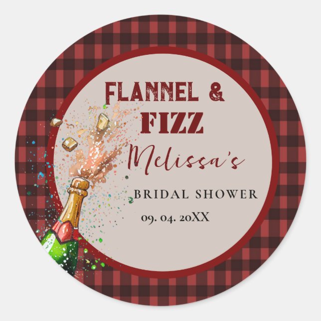 Flannel & fizz winter red &  black bridal shower classic round sticker (Front)