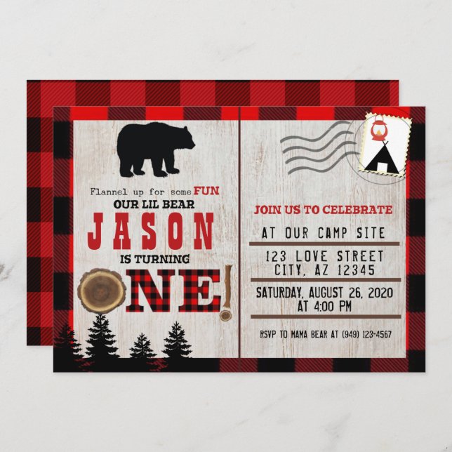 Flannel Little Bear Wild One 1st Birthday Invitation (Front/Back)