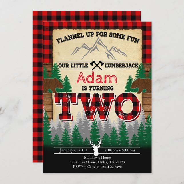Flannel Lumberjack Birthday Party Invitation Two (Front/Back)