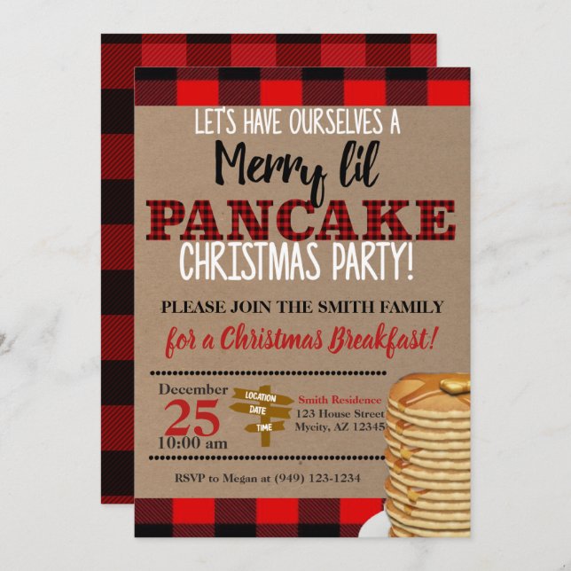 Flannel Merry Lil Pancake Christmas Breakfast Invitation (Front/Back)