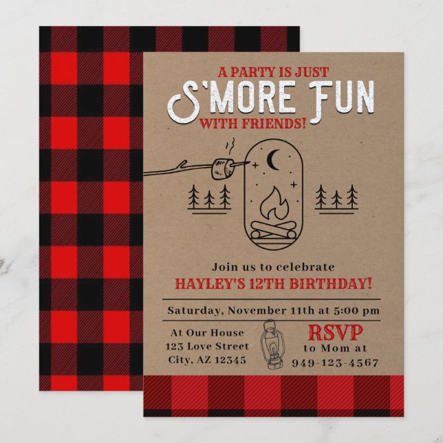 Flannel S'mores Party Buffalo Plaid Birthday Invitation (Front/Back)