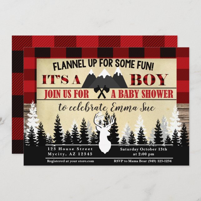 Flannel up for some fun Buffalo Check Lumberjack Invitation (Front/Back)