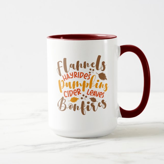 Flannels Hay Rides Pumpkins Cider Leaves Bonfires Mug (Right)