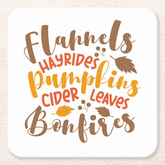 Flannels Hay Rides Pumpkins Cider Leaves Bonfires Square Paper Coaster (Front)