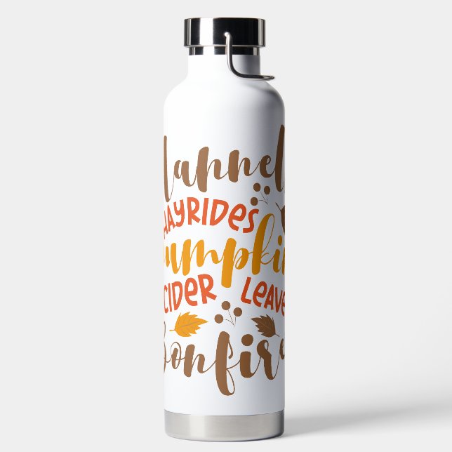Flannels Hay Rides Pumpkins Cider Leaves Bonfires Water Bottle (Left)