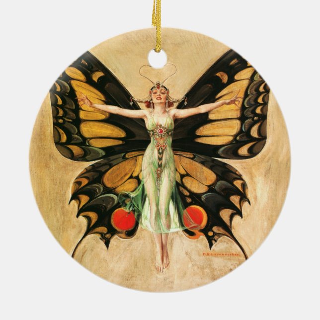 Flapper Butterfly Flying Woman Illustration Ceramic Tree Decoration (Back)