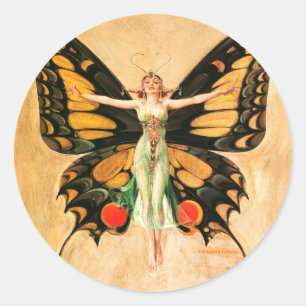 Flapper Butterfly Flying Woman Illustration Classic Round Sticker