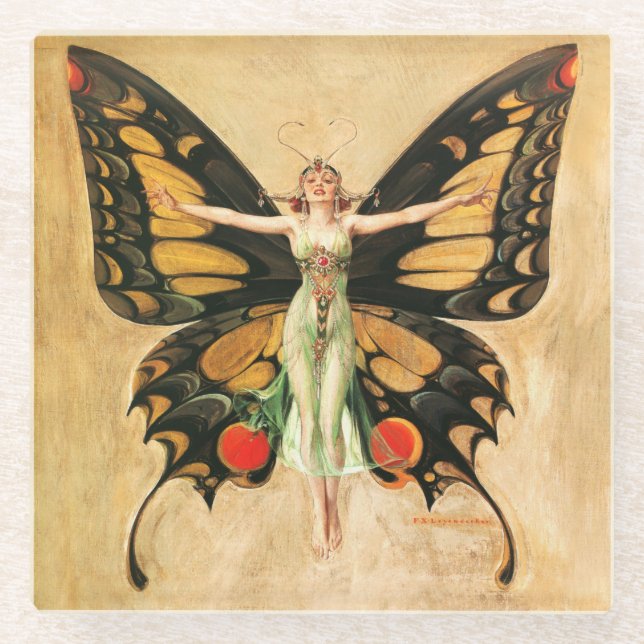 Flapper Butterfly Flying Woman Illustration Glass Coaster (Front)