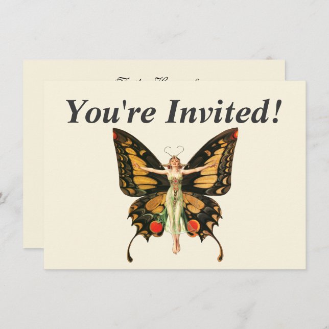 Flapper Butterfly Flying Woman Illustration Invitation (Front/Back)