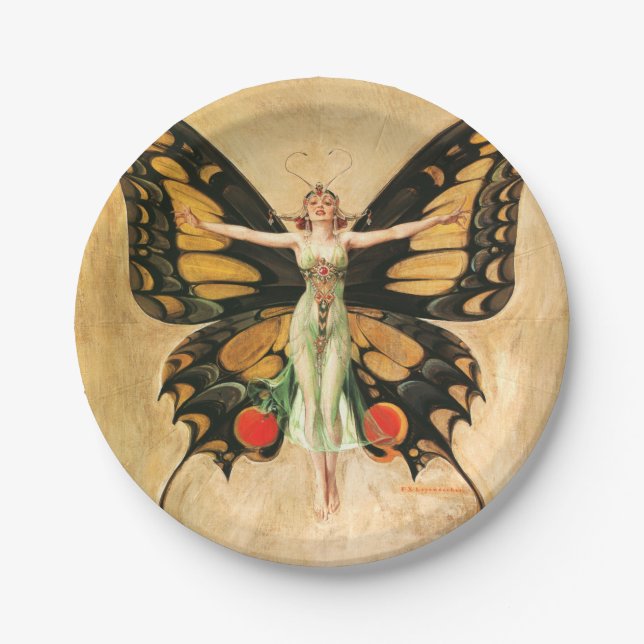 Flapper Butterfly Flying Woman Illustration Paper Plate (Front)