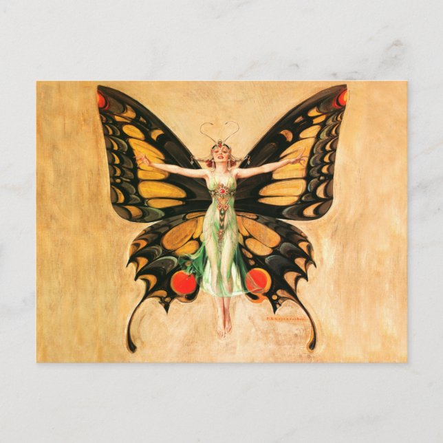 Flapper Butterfly Flying Woman Illustration Postcard (Front)