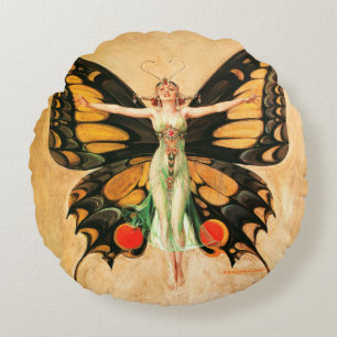 Flapper Butterfly Flying Woman Illustration Round Cushion