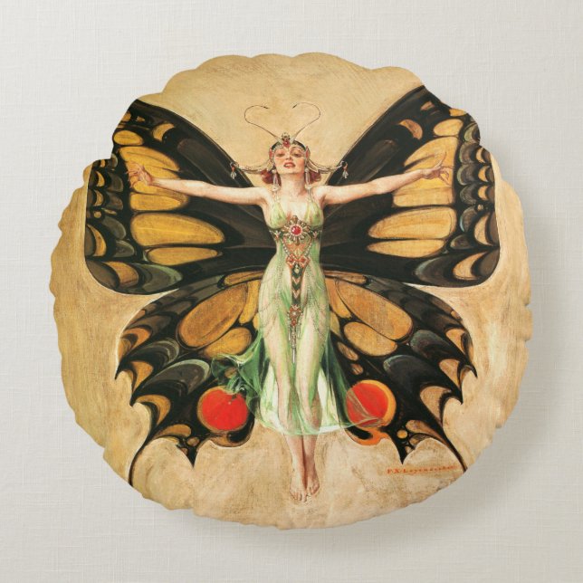 Flapper Butterfly Flying Woman Illustration Round Cushion (Front)