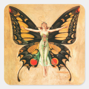Flapper Butterfly Flying Woman Illustration Square Sticker