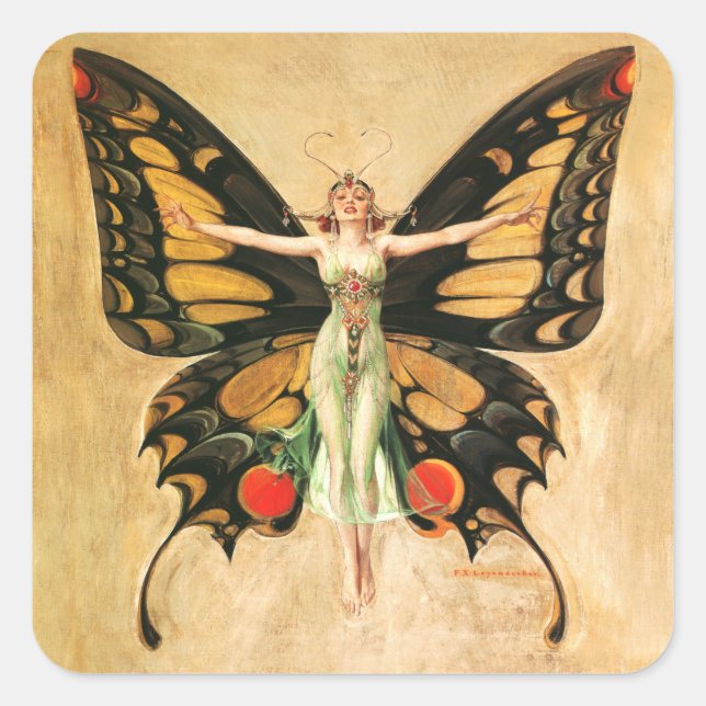 Flapper Butterfly Flying Woman Illustration Square Sticker (Front)