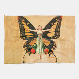 Flapper Butterfly Flying Woman Illustration Tea Towel