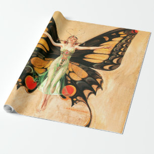 Flapper Butterfly Flying Woman Illustration Wrapping Paper