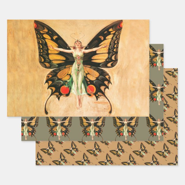 Flapper Butterfly Flying Woman Illustration Wrapping Paper Sheet (Set)
