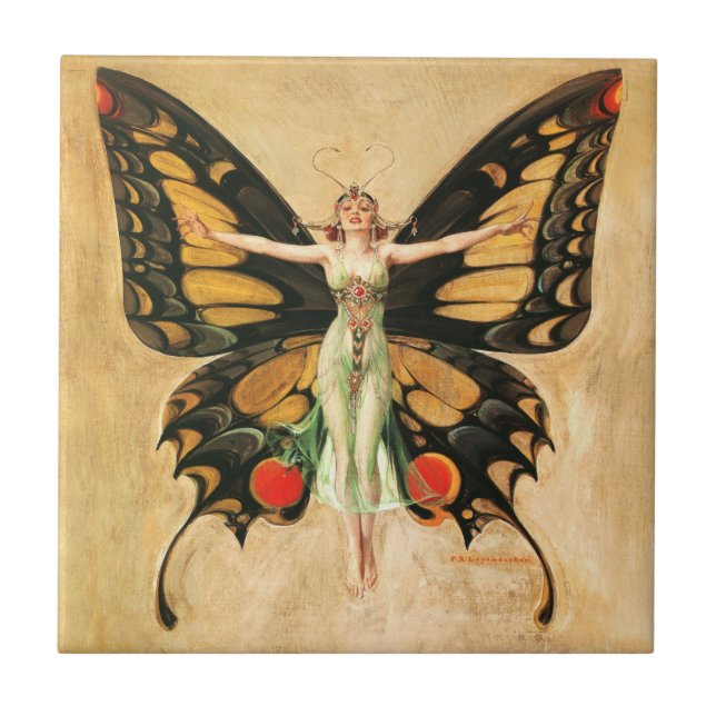 Flapper Butterfly Leyendecker Woman Illustration Tile (Front)