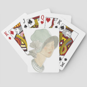 Flapper Fashion Sketch - Woman with Hat Playing Cards