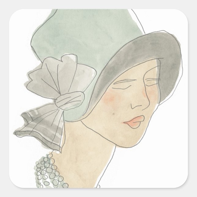 Flapper Fashion Sketch - Woman with Hat Square Sticker (Front)