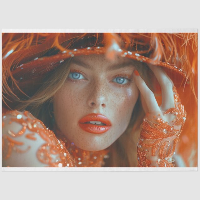 Flapper Flamboyance Lady in Orange Decoupage Tissue Paper (Front)