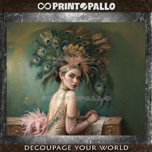 Flapper girl in 1920 with huge peacock feather hat tissue paper