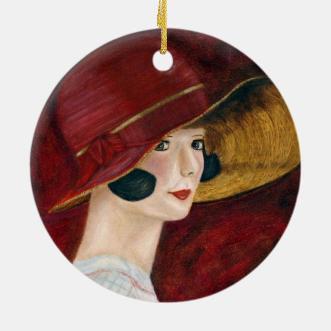 Flapper Girl in Red Hat Roaring Twenties 1920s Ceramic Tree Decoration (Back)