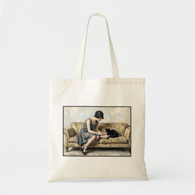 Flapper girl Reading Oil painting Art Book Lover Tote Bag (Front)