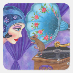 Flapper Girl Roaring Twenties Mouse Gramophone Square Sticker
