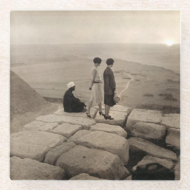 Flapper Girls Sunrise Khufu Pyramid, Egypt 1920  Glass Coaster (Front)