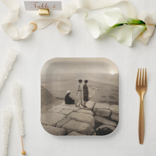 Flapper Girls Sunrise Khufu Pyramid, Egypt 1920  Paper Plate (Wedding)