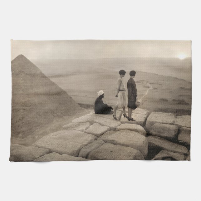 Flapper Girls Sunrise Khufu Pyramid, Egypt 1920  Tea Towel (Horizontal)