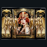 Flapper great gatsby girl redhead 1920's party large gift bag<br><div class="desc">A beautiful redhead Flapper girl is wearing an off-shoulder faux gold shimmer top and headband that appear to sparkle and shine against a black background. She is wearing thick black eyeliner and dark red lipstick that makes her porcelain skin appear to radiate in the light and is framed a retro,...</div>