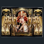 Flapper great gatsby girl redhead 1920's party large gift bag<br><div class="desc">A beautiful redhead Flapper girl is wearing an off-shoulder faux gold shimmer top and headband that appear to sparkle and shine against a black background. She is wearing thick black eyeliner and dark red lipstick that makes her porcelain skin appear to radiate in the light and is framed a retro,...</div>
