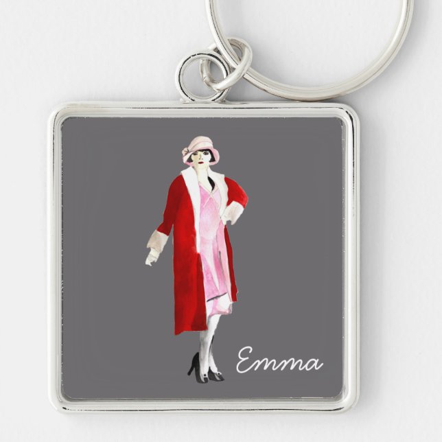 Flapper vintage fashion lady roaring twenties key ring (Front)