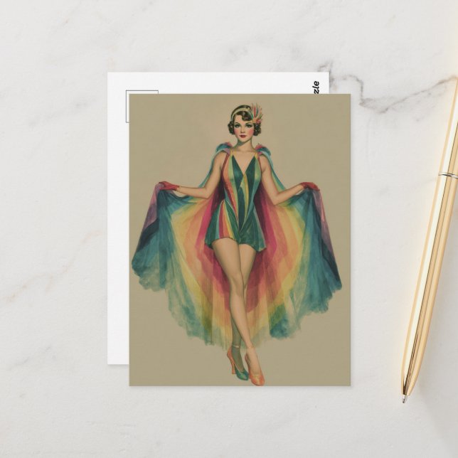 Flapper Woman in a Rainbow Cape and Dress Postcard (Front/Back In Situ)
