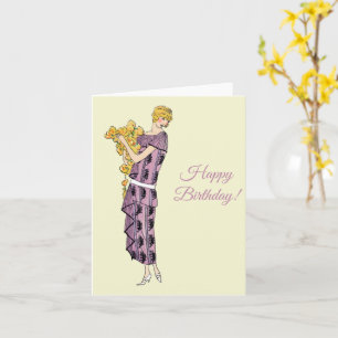 Flapper woman with flower, Happy Birthday Card